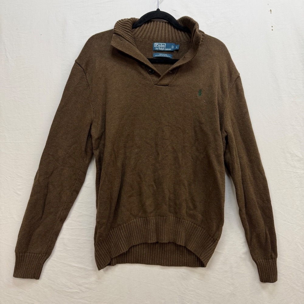 Polo Ralph Lauren Mens Brown Cotton Mock Neck Button Sweater Large Pony Logo